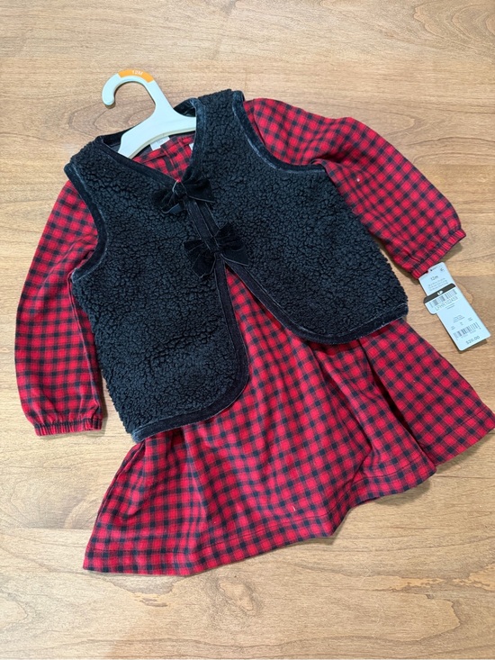 Cat & Jack Other - Cat & Jack Red Black Buffalo Plaid Dress Black Sherpa Vest Bloomers 12M NWT
